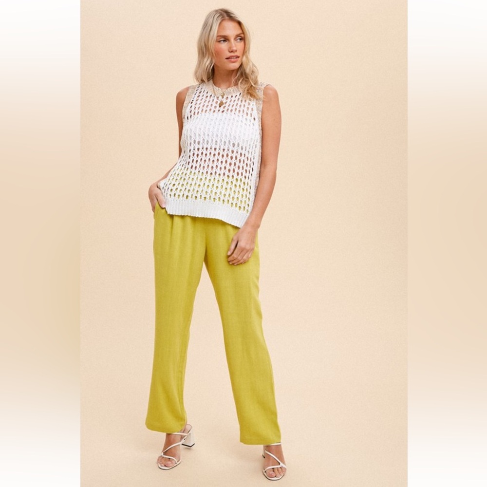 979. ✨Hem & Thread Linen Blend Lime Smocked Waist Trouser Pant Pockets NWT